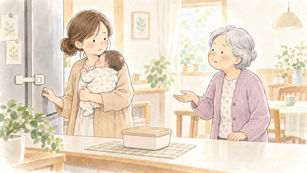 赤ちゃんを抱きながら祖母のおやつに対応する母
