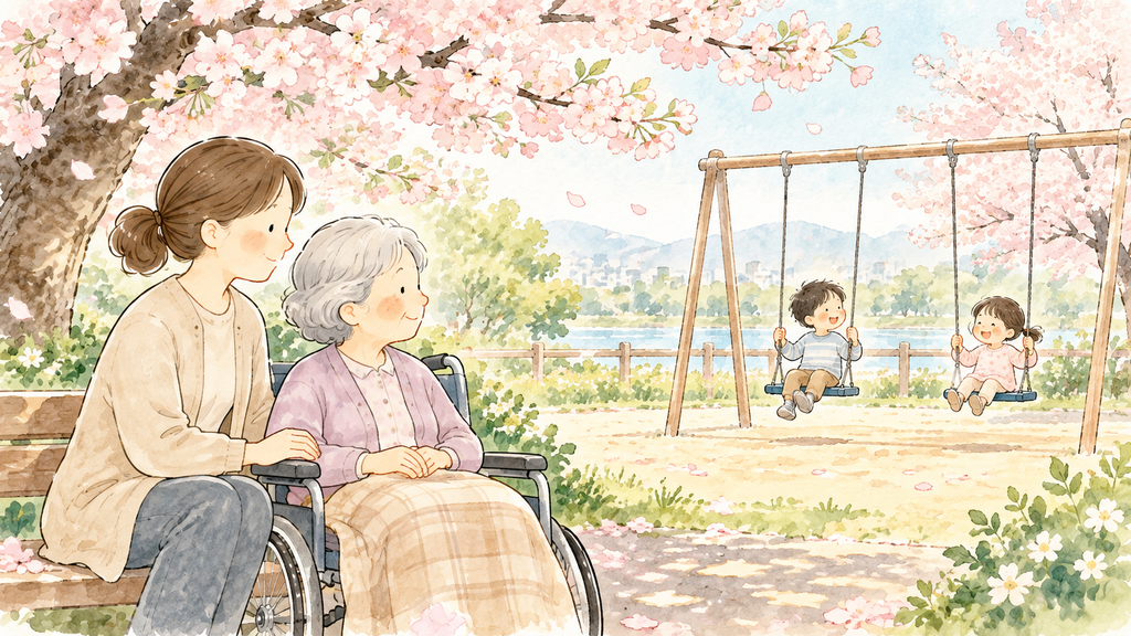 桜の公園で、遊ぶ子どもたちを見守る母と車いすの祖母