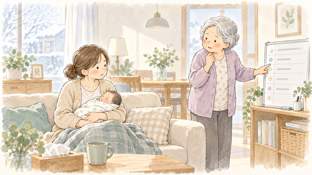赤ちゃんを抱く母と、同じ質問をする祖母