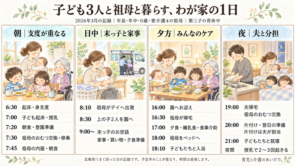子ども3人と祖母と暮らす、わが家の1日のタイムスケジュール（2026年3月の記録。年長・年中・0歳と要介護4の祖母、第三子の育休中）。朝：6:30起床・身支度、7:00子ども起床・授乳、7:20朝食・登園準備、7:30祖母のおむつ交換・移乗、7:45祖母の内服・朝食。日中：8:10祖母がデイへ出発、8:30上の子2人を園へ、9:00から末っ子のお世話・家事・買い物・夕食準備。夕方：16:00園へお迎え、16:30祖母が帰宅、17:00夕食・離乳食・食事介助、18:00祖母をベッドへ、18:10子どもたちと入浴。夜：19:00夫帰宅・祖母のおむつ交換、20:00片付け・翌日の準備（片付けは夫が担当）、21:00子どもたちと就寝、夜間は授乳で2〜3回起きる