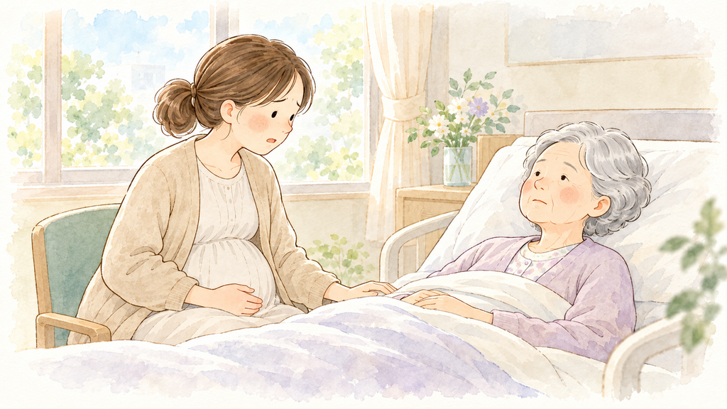 入院中の祖母に語りかける妊娠中の母