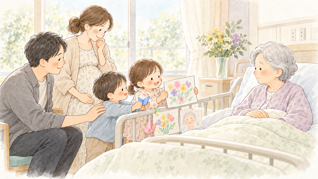 絵と折り紙を持って祖母のお見舞いに来た子どもたち