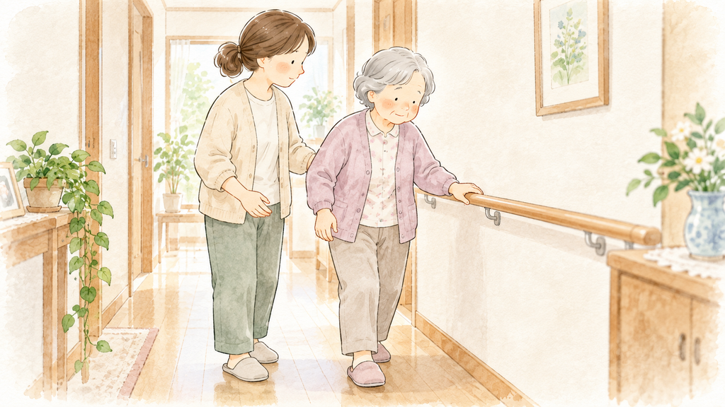 家の廊下で手すりを使って歩く祖母を見守る母