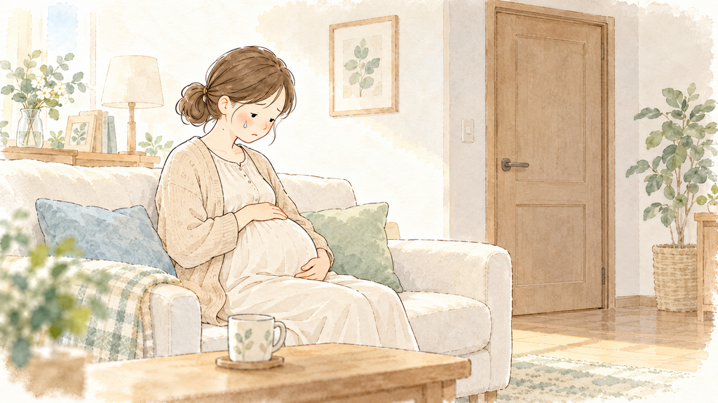 妊娠中、疲れてソファに座る母