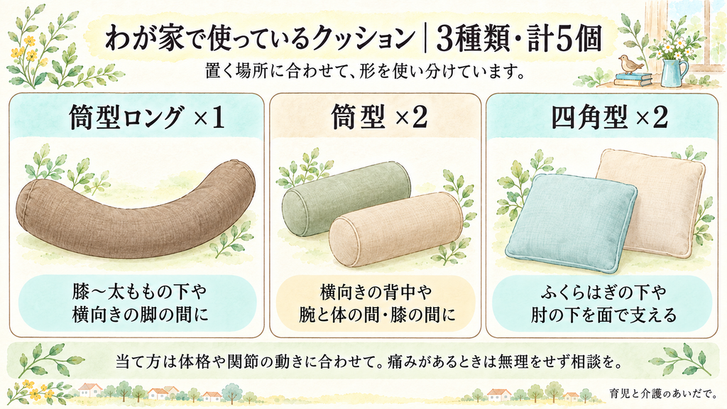 わが家で使っているクッション3種類・計5個の図解。筒型ロング1個:膝から太ももの下や、横向きの脚の間に。筒型2個:横向きの背中や、腕と体の間・膝の間に。四角型2個:ふくらはぎの下や肘の下を面で支える。当て方は体格や関節の動きに合わせ、痛みがあるときは無理をせず相談を