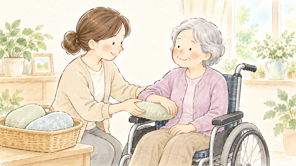 車椅子に座る高齢の女性の腕の下に、介護する女性がクッションを当てているイラスト
