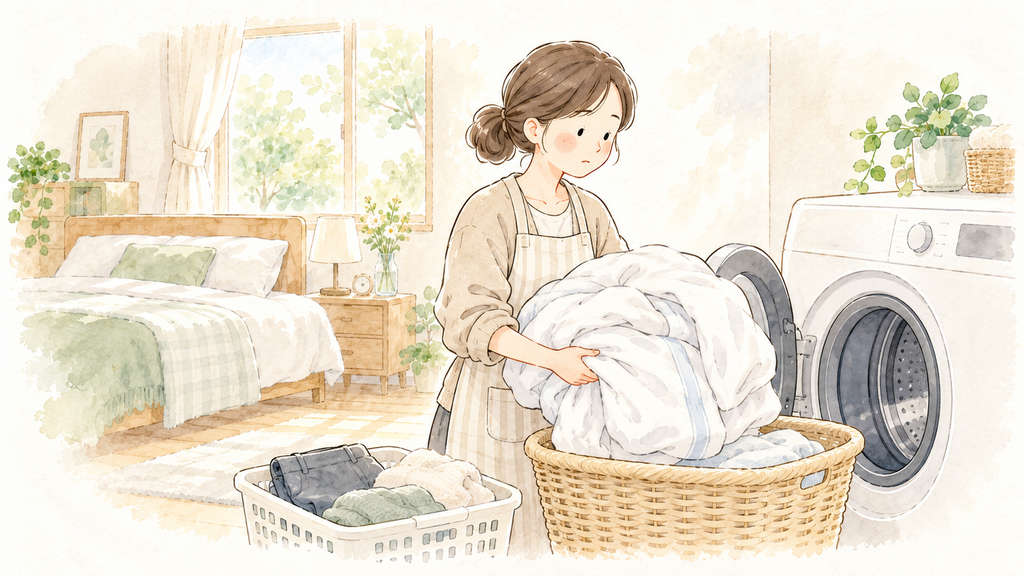 夜のおむつ漏れで濡れたシーツや布団を、朝に洗濯機へ運ぶ女性のイラスト