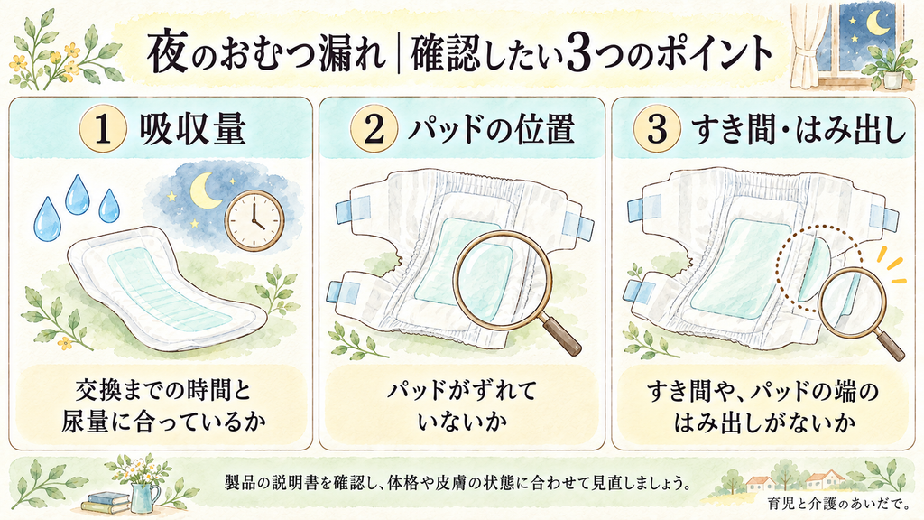 夜のおむつ漏れで確認したい3つのポイントの図解。1 吸収量:交換までの時間と尿量に合っているか。2 パッドの位置:パッドがずれていないか。3 すき間・はみ出し:すき間やパッドの端のはみ出しがないか