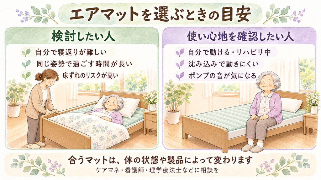 エアマットを選ぶときの目安の図解。検討したい人：自分で寝返りが難しい、同じ姿勢で過ごす時間が長い、床ずれのリスクが高い。使い心地を確認したい人：自分で動ける・リハビリ中、沈み込みで動きにくい、ポンプの音が気になる。合うマットは体の状態や製品によって変わるので、ケアマネ・看護師・理学療法士などに相談を
