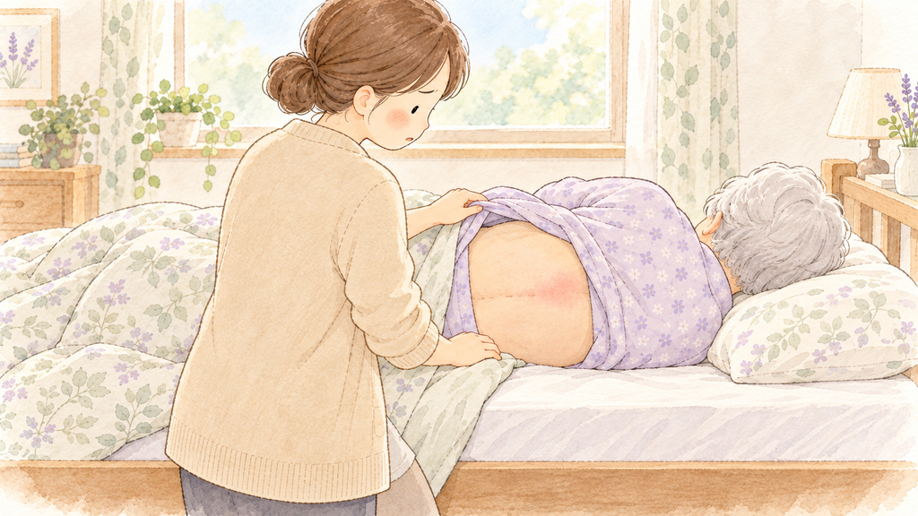 ベッドで横向きに寝ている高齢の女性の服をそっとめくり、背中の骨の出っ張りのあたりが赤くなっているのに気づく女性のイラスト