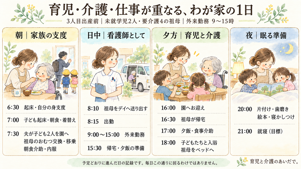 育児・介護・仕事が重なる、わが家の1日のタイムスケジュール(3人目出産前、未就学児2人と要介護4の祖母、外来勤務9〜15時)。朝:6:30起床・自分の身支度、7:00子ども起床・朝食・着替え、7:30夫が子ども2人を園へ・祖母のおむつ交換・移乗・朝食介助・内服。日中:8:10祖母をデイへ送り出す、8:15出勤、9:00〜15:00外来勤務、15:30帰宅・夕飯の準備。夕方:16:00園へお迎え、16:30祖母が帰宅、17:00夕飯・食事介助、18:00子どもたちと入浴・祖母をベッドへ。夜:20:00片付け・歯磨き・絵本・寝かしつけ、21:00就寝(目標)