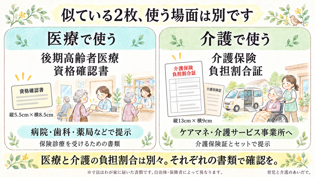 似ている2枚、使う場面は別ですの図解。医療で使う「後期高齢者医療資格確認書」はカードサイズ（縦5.5cm×横8.5cm）で、病院・歯科・薬局などで提示する、保険診療を受けるための書類。介護で使う「介護保険負担割合証」は紙の証（縦13cm×横9cm）で、ケアマネ・介護サービス事業所へ介護保険証とセットで提示する。医療と介護の負担割合は別々なので、それぞれの書類で確認を