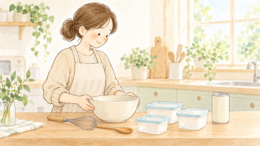 台所でボウルを持ってゼリーを作る準備をする女性のイラスト。泡立て器と保存容器、エンシュアの缶が並んでいる
