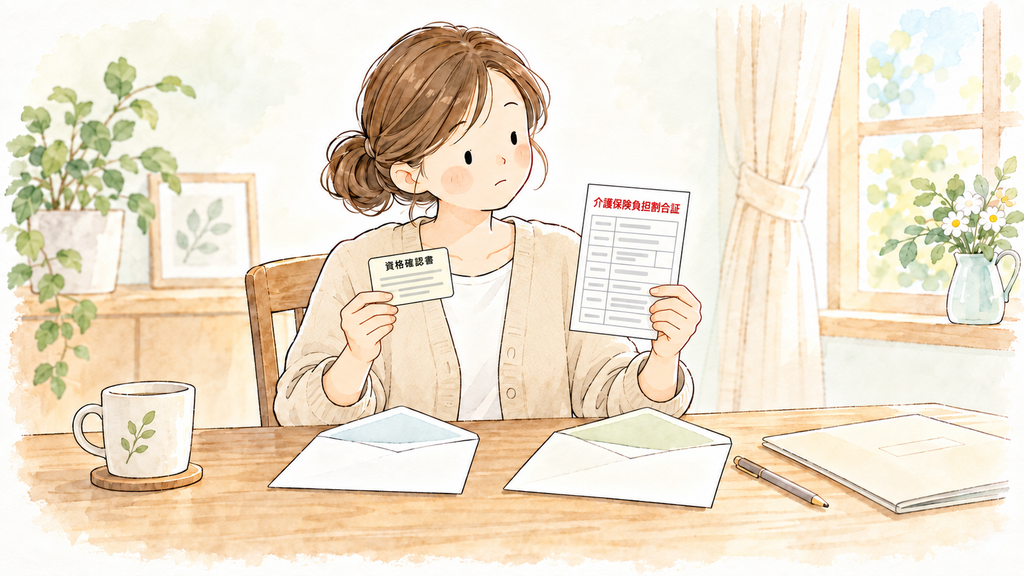 カードサイズの「資格確認書」と、紙の「介護保険負担割合証」を両手に持って見比べ、首をかしげる女性のイラスト。机の上には開いた封筒が2通ある