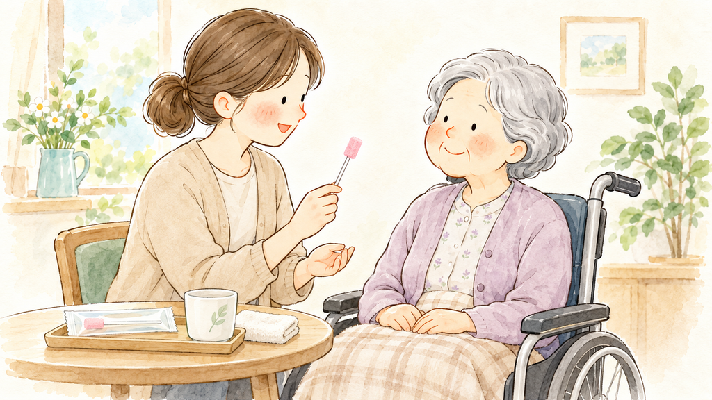 車椅子に座る高齢の女性に、介護する女性がスポンジブラシを見せながら笑顔で話しかけているイラスト