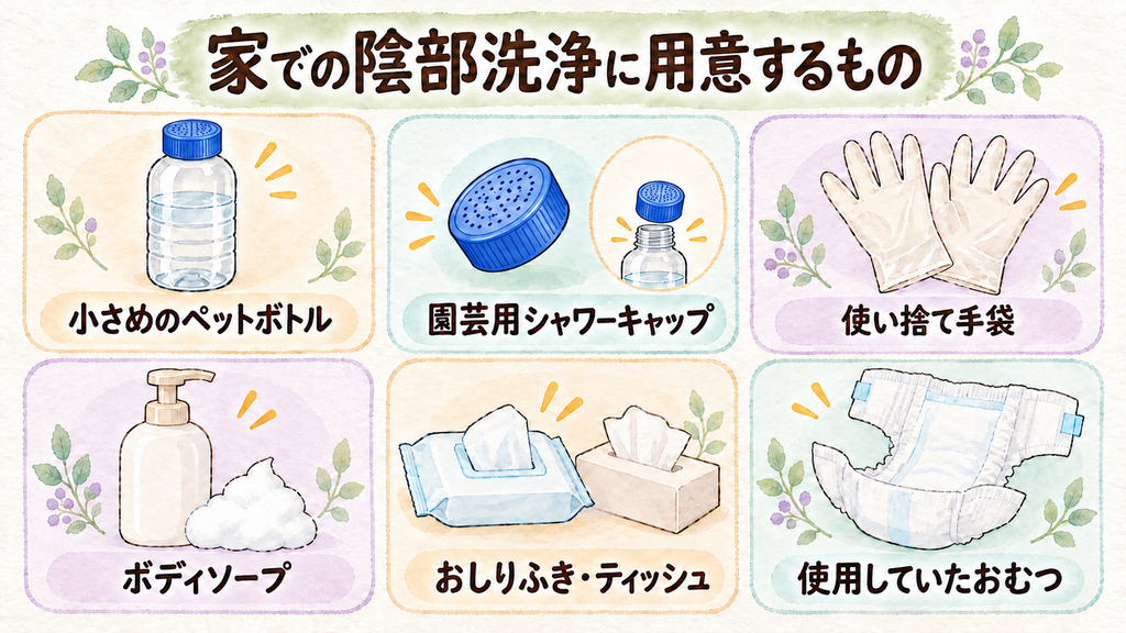 家での陰部洗浄に用意するものの図解。小さめのペットボトル、園芸用シャワーキャップ、使い捨て手袋、ボディソープ、おしりふき・ティッシュ、使用していたおむつ