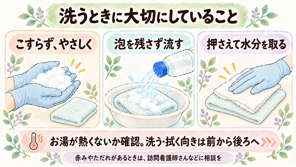 洗うときに大切にしていることの図解。こすらず、やさしく。泡を残さず流す。押さえて水分を取る。お湯が熱くないか確認し、洗う・拭く向きは前から後ろへ。赤みやただれがあるときは、訪問看護師さんなどに相談を