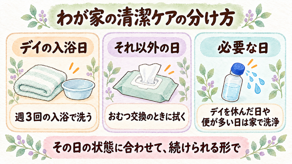 わが家の清潔ケアの分け方の図解。デイの入浴日：週3回の入浴で洗う。それ以外の日：おむつ交換のときに拭く。必要な日：デイを休んだ日や便が多い日は家で洗浄。その日の状態に合わせて、続けられる形で