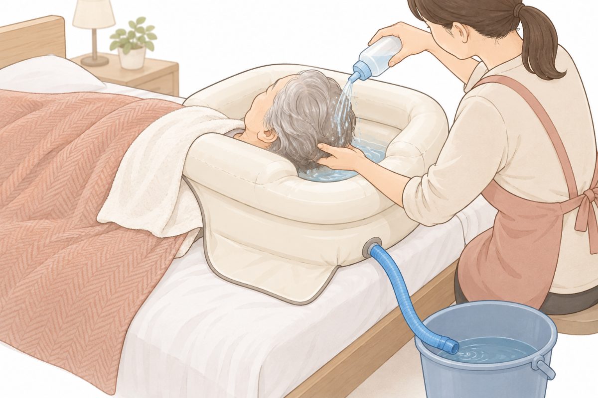 ベッド上で洗髪器サッパリさんを使い、高齢者の髪を洗っている様子