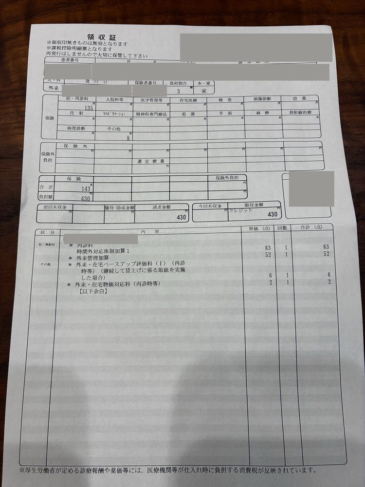 増量した日の領収証。合計143点、負担額430円