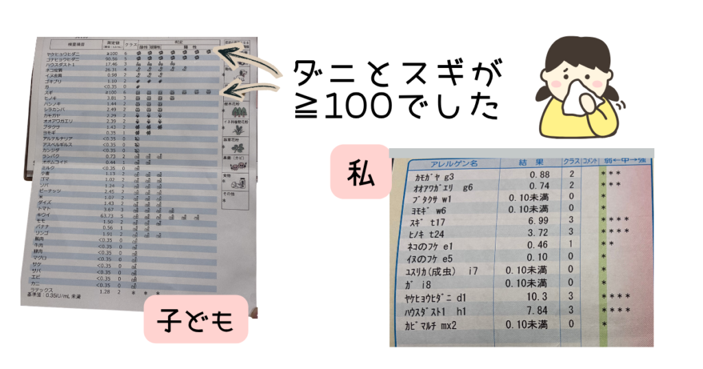 子どもと私のアレルギー検査結果の比較。子どもはダニとスギが100以上